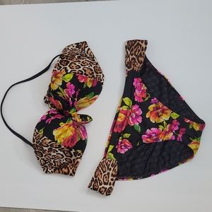 Victoria's Secret 34C Leopard & Floral Halter Push Up Bikini Swimsuit Large